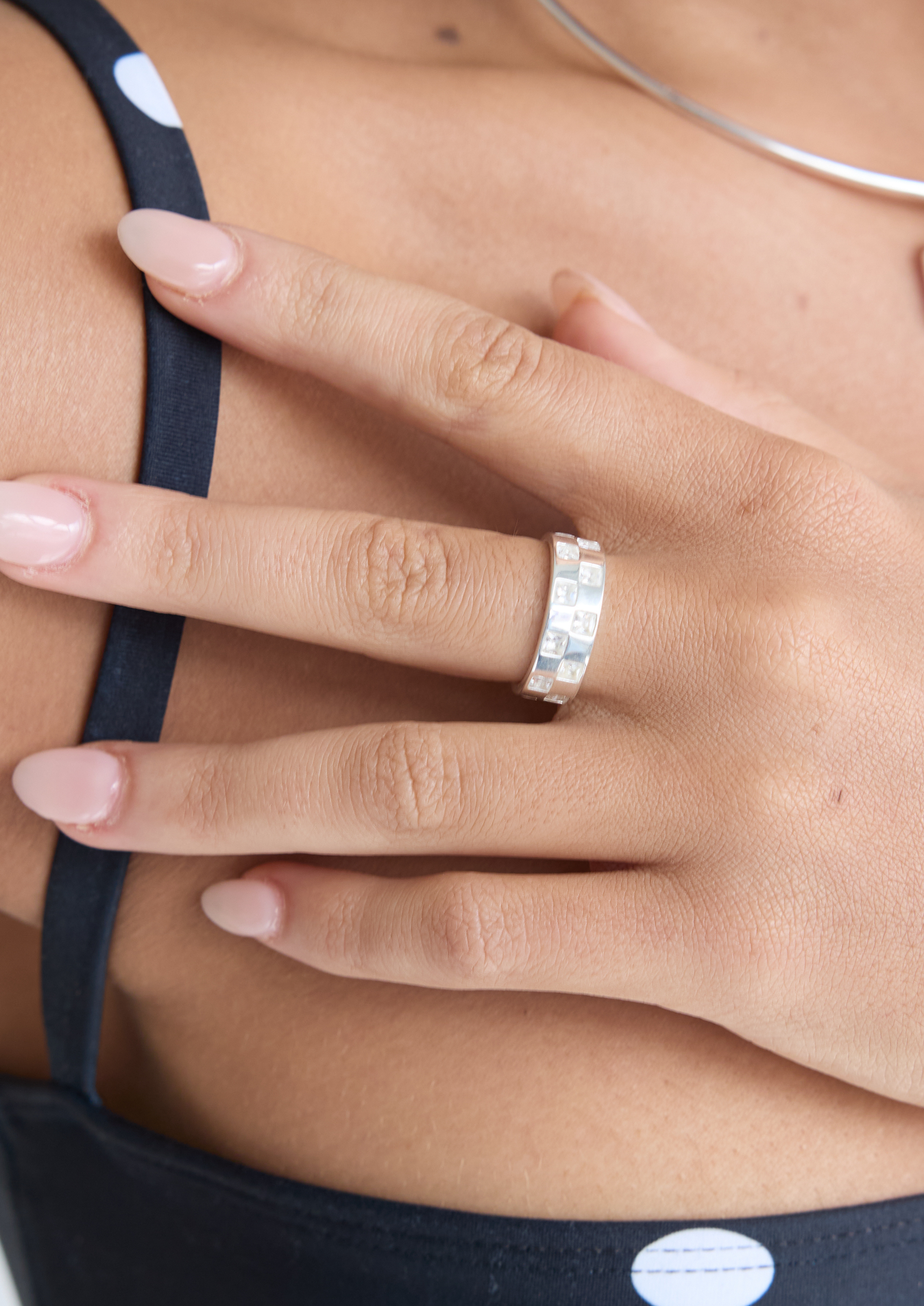 CHECKER BOARD RING SILVER